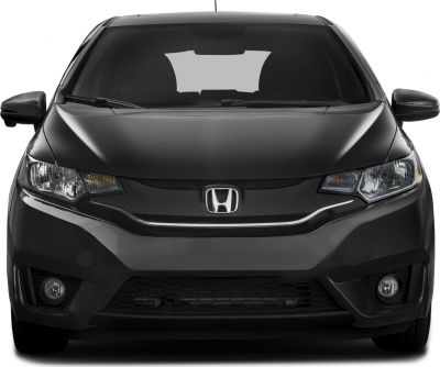 Front view of compact hatchback with headlights and grille