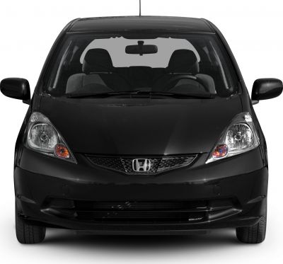 Compact hatchback front view with distinctive headlights and grille