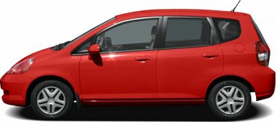 Compact red hatchback side profile, four-door urban design