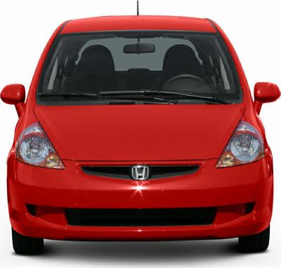 Compact hatchback front view with distinct headlights and grille