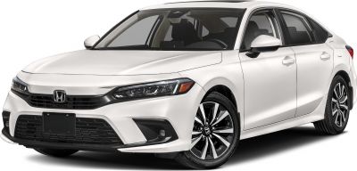 White sedan with LED headlights and alloy wheels, front-side view