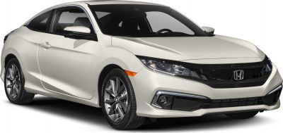 White coupe front side view with sleek headlights and sporty wheels