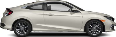 Side profile of a sleek compact coupe with alloy wheels.