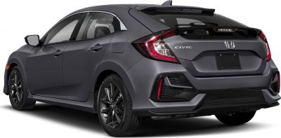 Rear and side view of hatchback with modern tail lights and rear spoiler.