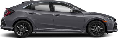 Side profile of a hatchback with sleek lines and black alloy wheels