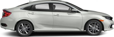 Side profile of a sedan with alloy wheels and aerodynamic design