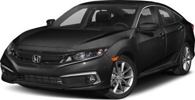 Front view of a sedan with sleek headlights and alloy wheels