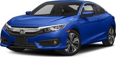 Front view of a blue coupe highlighting sleek headlights and chrome grille.