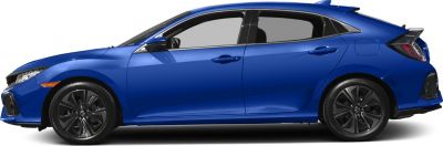 Blue hatchback side profile with alloy wheels and rear spoiler