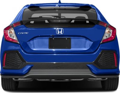 Rear view of a blue hatchback showing tail lights and bumper details