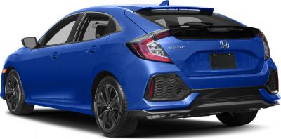 Blue hatchback rear view with angular taillights and roof spoiler