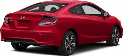 Rear and side view of a red compact coupe with alloy wheels and modern taillights