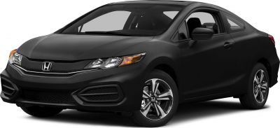 Front and side view of a black 2014 coupe with alloy wheels and detailed headlights