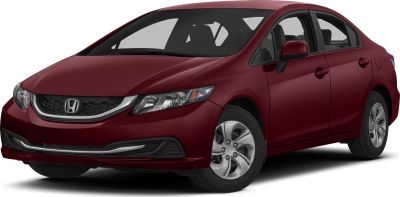 Front-side view of a red sedan with modern headlights and alloy wheels