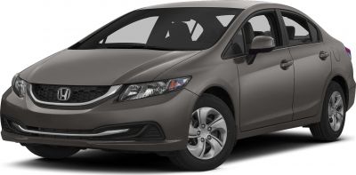 Front three-quarter view of a compact sedan with detailed headlights and alloy wheels