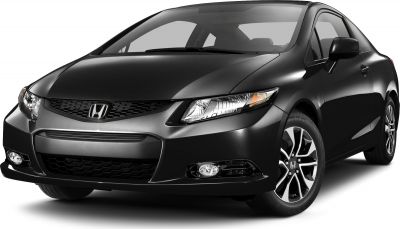 Front view of a black coupe with sharp headlights and sporty alloy wheels