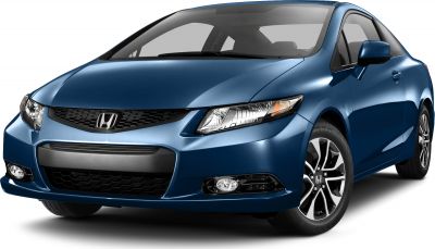 Front angle showing aerodynamic blue coupe with distinctive headlights.