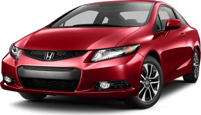 Front view of coupe with sleek headlights and alloy wheels