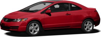 Red two-door coupe with alloy wheels and sleek design