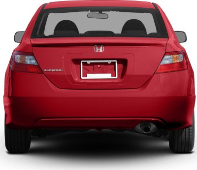Rear view of red coupe showing taillights, exhaust, and license plate area