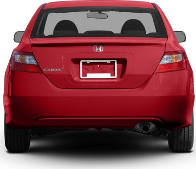 Rear view of a red coupe with prominent taillights and single exhaust.