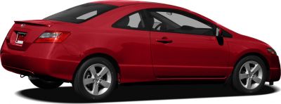 Side profile and rear view of red sporty compact coupe with alloy wheels