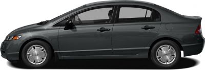 Side profile of a sedan with distinctive wheel covers
