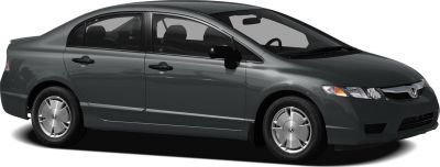 Side profile of a sedan with hubcaps
