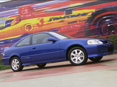 Sleek side profile of blue compact coupe with VTEC badge and alloy wheels