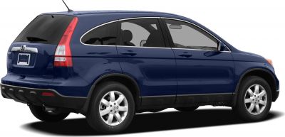 Rear side view of blue SUV with distinctive tail lights and five-spoke alloy wheels.