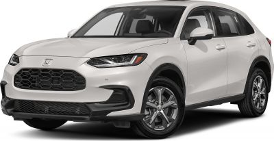 Hexagonal front grille and LED headlights in white SUV front three-quarter view