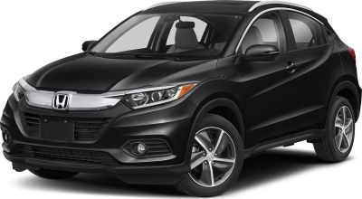 Front side view of black compact SUV with distinct headlights and alloy wheels