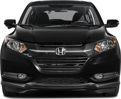Front view with grille, headlights, and fog lights of a black SUV
