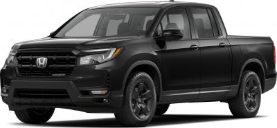 Front-side view of black pickup truck with sleek grille, black wheels