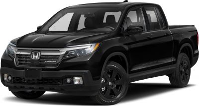 Black pickup with bold grille and black wheels.
