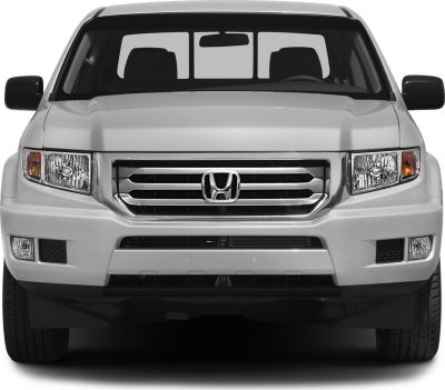 Front view of pickup with grille and headlights