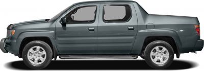 Side profile of a crew cab pickup truck with a truck bed and alloy wheels