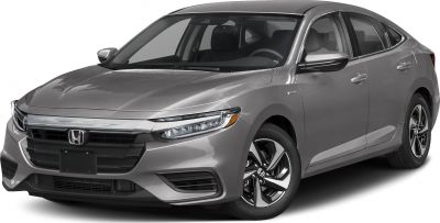 Front side view of hybrid sedan with sleek headlights and alloy wheels