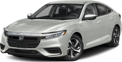 Hybrid sedan front-side view with sharp LED headlights and aerodynamic design