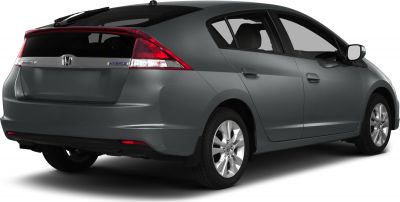 Rear side view of hybrid hatchback with aerodynamic shape and alloy wheels