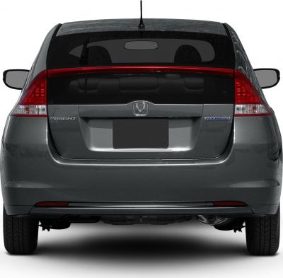 Rear view of hatchback with hybrid badge and distinctive tail lights