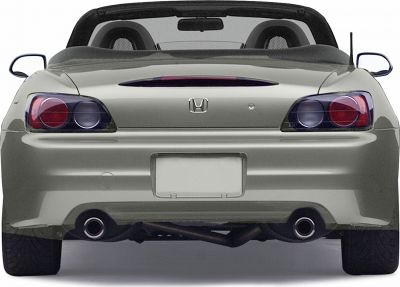 Rear view of a convertible with dual exhaust and round taillights