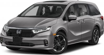 Modern minivan front and side view with sleek headlights and chrome grille