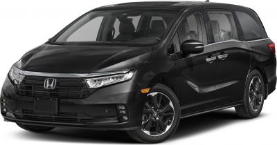 Front 3-4 view of black minivan with LED headlights and alloy wheels