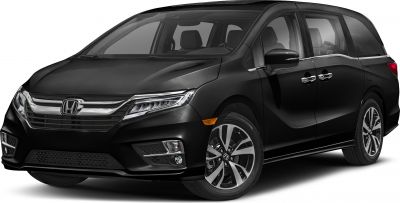 Front three-quarter view of a sleek black minivan with LED headlights and alloy wheels