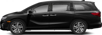 Side profile of a sleek black minivan with alloy wheels and chrome trim