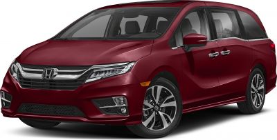 Front and side view of a red minivan with sleek headlights and alloy wheels