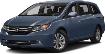 Front and side view of blue minivan with modern headlights and grille.