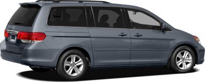 Rear and side view of a minivan with sliding doors