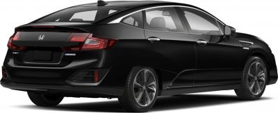 Rear side view of black sedan with modern rear lights and aerodynamic design